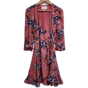 Charles Henry Dress S Pink Blue Floral Wrap Midi Ruched 3/4 Slv Ruffle V Neck
